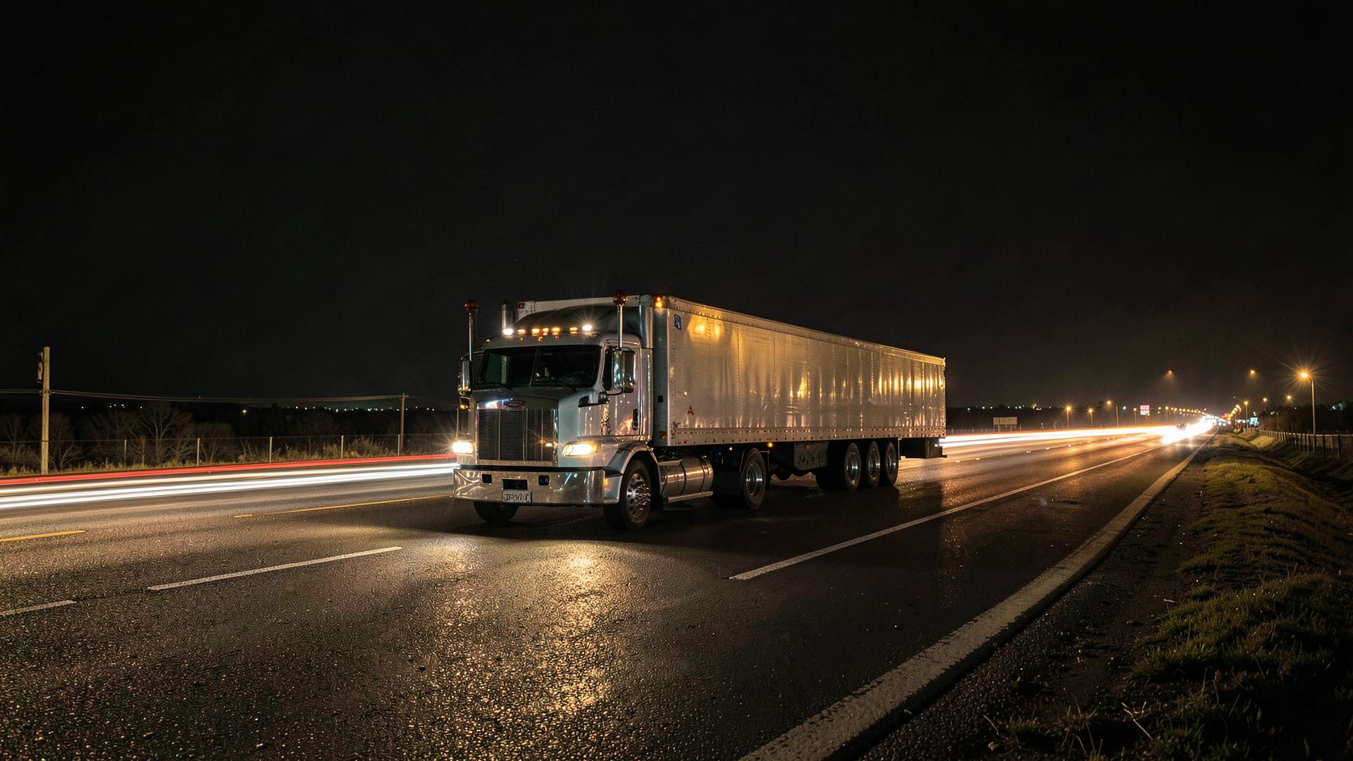 Truck and trailer travelling an interstate at night