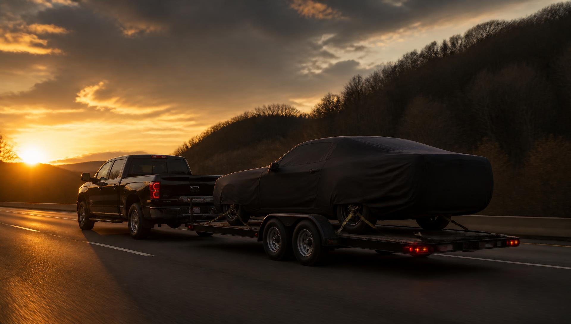Pickup truck towing a loaded car hauler trailer on a Tennessee highway at sunset