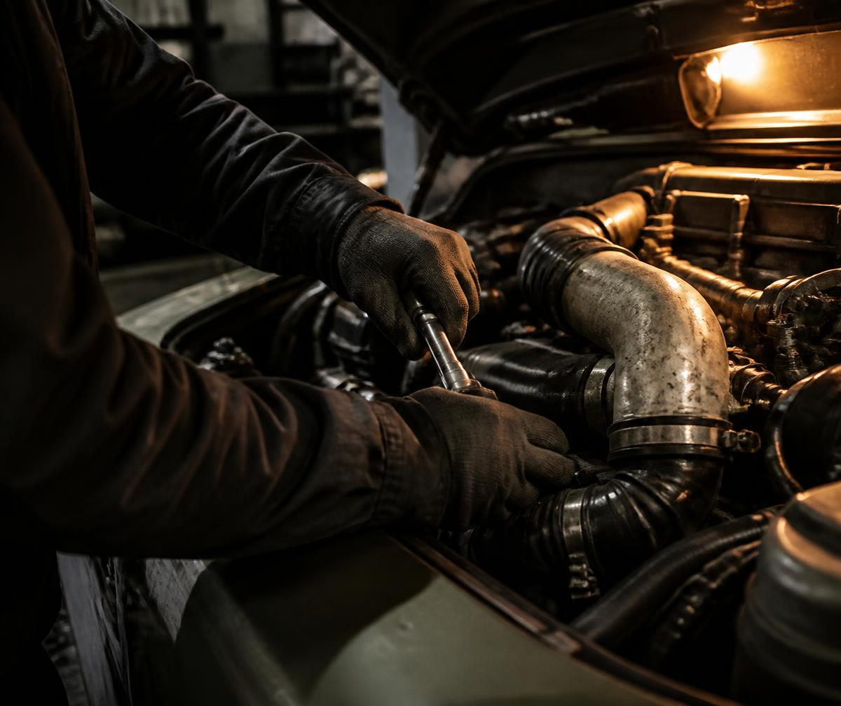 Diesel mechanic working on a truck engine in a workshop