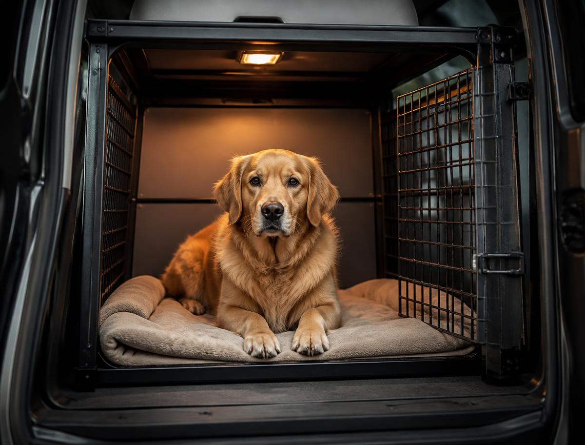 A calm dog resting in a padded travel crate inside a transport vehicle